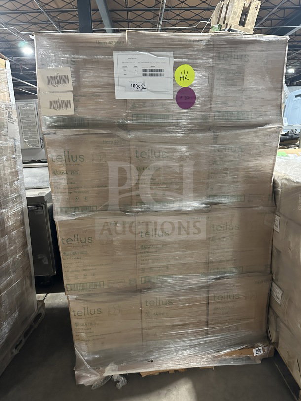 Brand new Tellus 3-compartment compostable fiber clamshell containers, 8"x8"x3", 200 per box, sealed packaging.