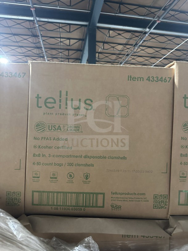 Tellus compostable fiber clamshells, 8"x8"x3", 3-compartments, 200 per box. Kosher certified, no PFAS, offers hot/cold food use.