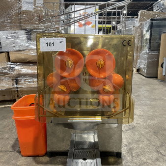 Zumex 2000E-2 electric orange juicer, brand new, 120V, commercial-grade, stainless steel, orange squeeze mechanism, countertop model.
