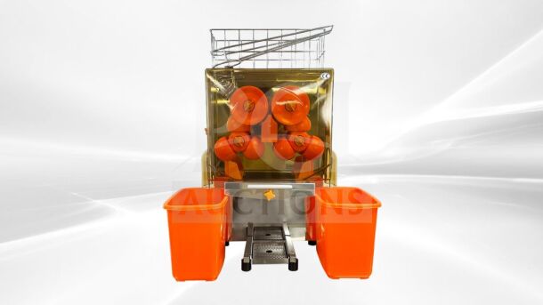 Brand new Zumex 2000E-2 countertop orange juicer, electric-powered, 120V, commercial-grade, vibrant orange components.