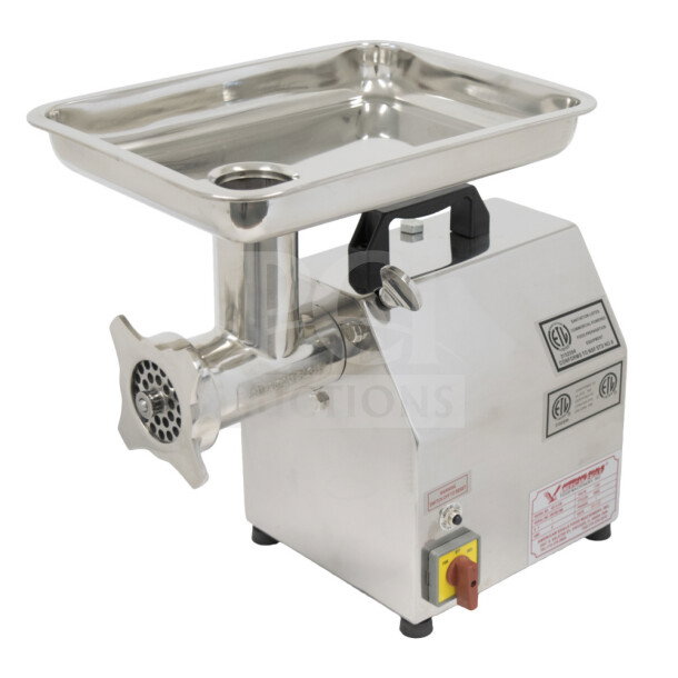 Brand new American Eagle AEG12N commercial stainless steel meat grinder, heavy-duty, ETL certified, pristine condition.