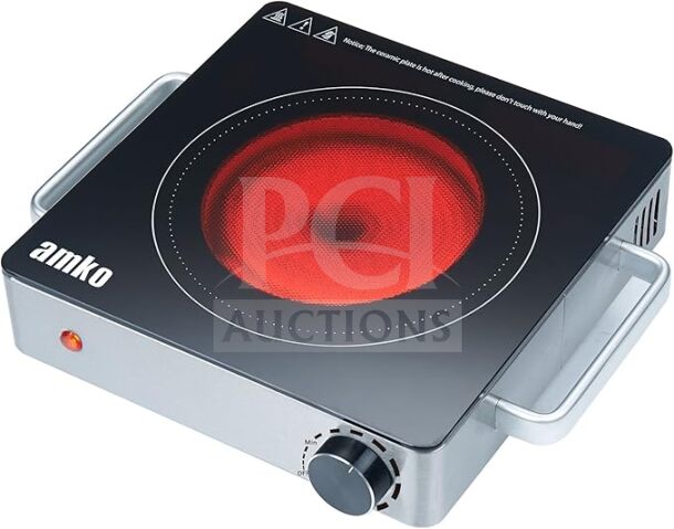 Amko AKIR15 black and silver electric single-burner cooktop, brand new, with ceramic infrared surface and safety label.