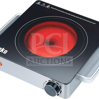 Amko AKIR15 black and silver electric single-burner cooktop, brand new, with ceramic infrared surface and safety label.