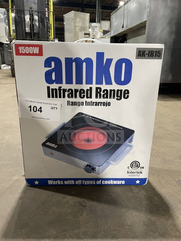 "Amko AK-IR15 stainless steel electric single-burner infrared cooktop, 1500W, brand new in box, compatible with all cookware."