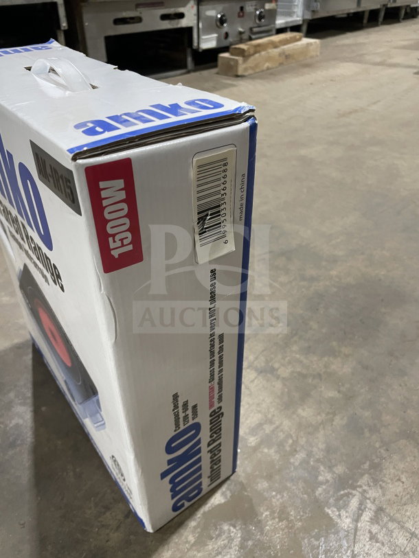 Brand new Amko AK-IR15 electric ceramic infrared cooktop in box. Black and silver, 1500W, model details on packaging.