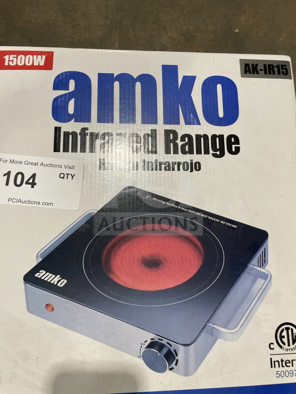 Amko AK-IR15 single-burner infrared cooktop, black and silver, new in box. Features 1500W power. Model and ETL marked.