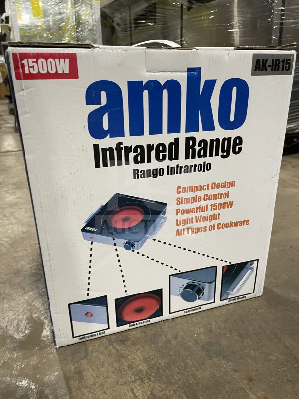 Brand new Amko AKIR15 stainless steel single-burner ceramic cooktop in box. Features 1500W power, infrared technology.