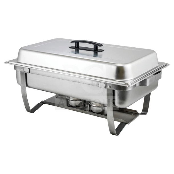 Brand new Winco commercial stainless steel chafer, 8-quart, model C4080, with folding stand, full-size.