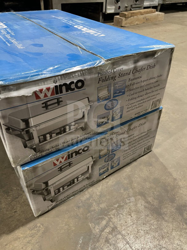 Winco C4080 stainless steel 8-quart chafer in original packaging. Features include foldable stand and cool-to-touch handle. Brand new.