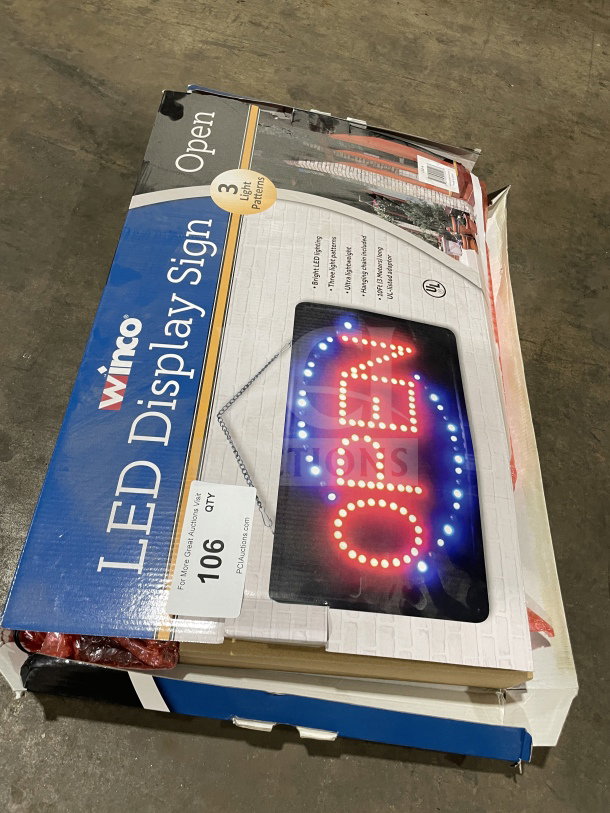 Winco Model LED6 "Open" LED Sign in box. Features bright lighting, 3 patterns, and a wall mount. Condition: Brand new.