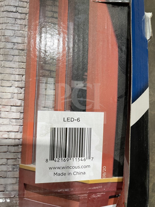 Winco LED-6 "Open" LED sign, brand new, rectangular, model LED6. Barcode and "Made in China" label visible.