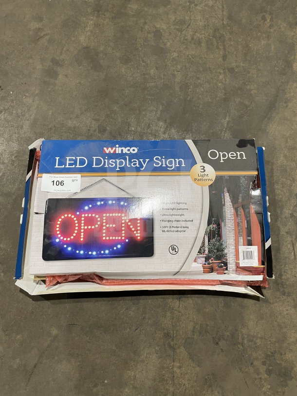 BRAND NEW Winco LED "Open" sign in box. Model: LED6, SN: 84216911546. Features include 3 light patterns, UL listed.