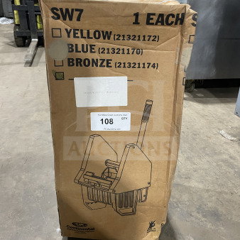 Brand new Continental Commercial splash guard down-press wringer in original packaging. Box shows product image and specifications.