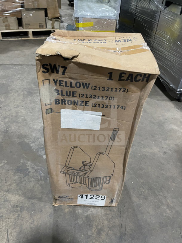 Continental Splash Guard Down-Press Wringer box, brand new, model SW7. Options: Yellow, Blue, Bronze. Box shows some wear.