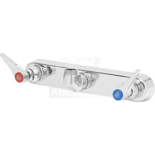 Brand new T&S B1125LN commercial wall-mounted workboard base faucet, chrome finish, dual lever handles marked hot and cold.