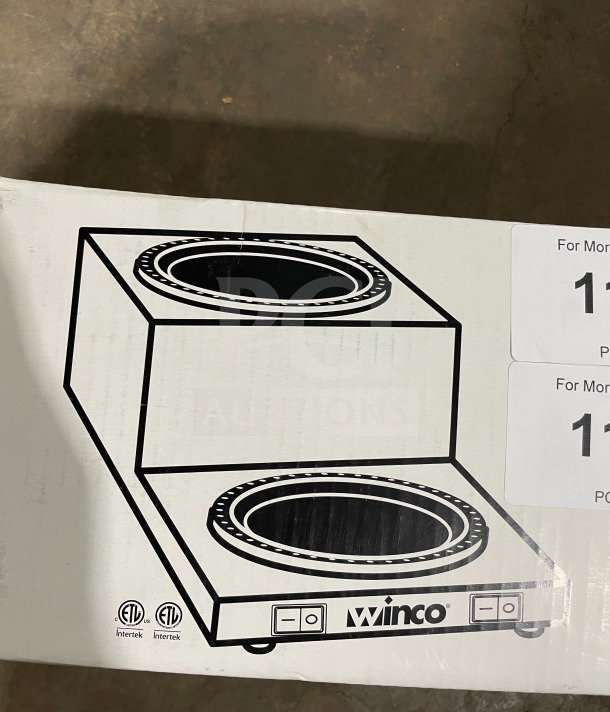 Brand new Winco ECW-25 stainless steel double coffee decanter warmer in original packaging. Model ECW25, ETL certified.