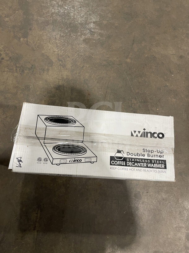 Winco ECW25 stainless steel double coffee decanter warmer, brand new in box, features for commercial use.