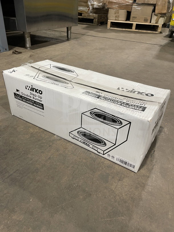Brand new Winco ECW-25 stainless steel double coffee decanter warmer in original packaging. Model: ECW25.