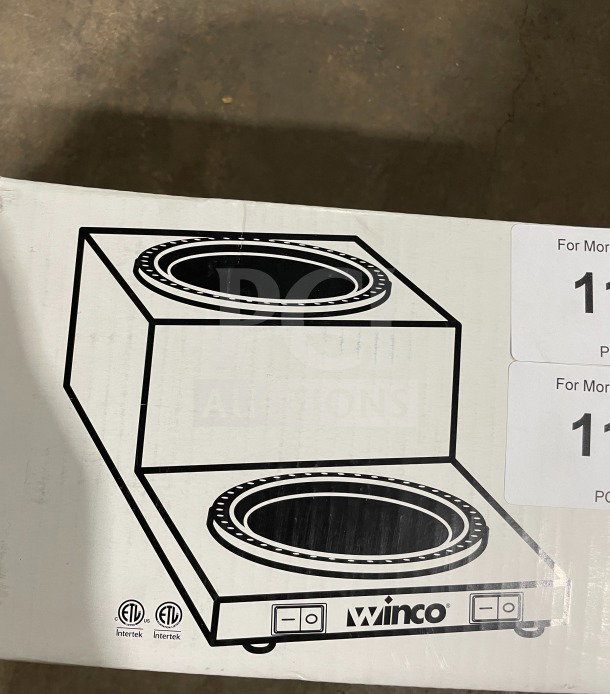 Winco ECW-25 stainless steel double coffee decanter warmer, brand new in box with ETL certification marking.