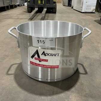Brand new Adcraft commercial heavy-duty aluminum sauce pot with handles. Features label indicating model and auction lot.