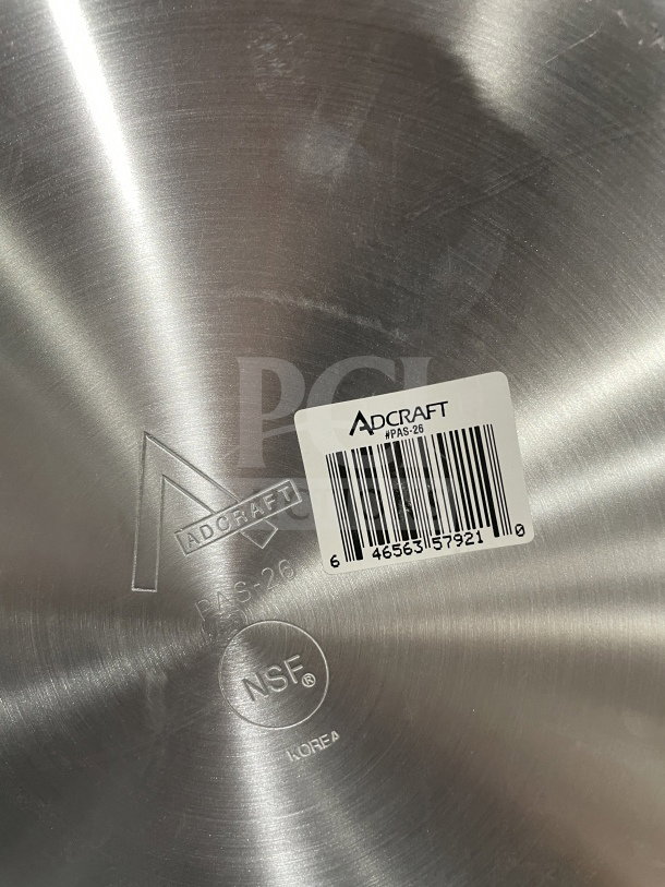 BRAND NEW Adcraft heavy-duty aluminum sauce pot, model PAS-26, NSF-certified, with handles and visible label.