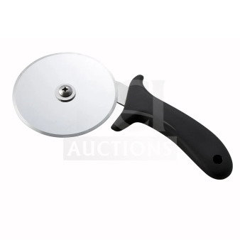 Brand new Winco 4" stainless steel pizza cutter, model PPC-4, with black plastic handle. Ideal for commercial use.