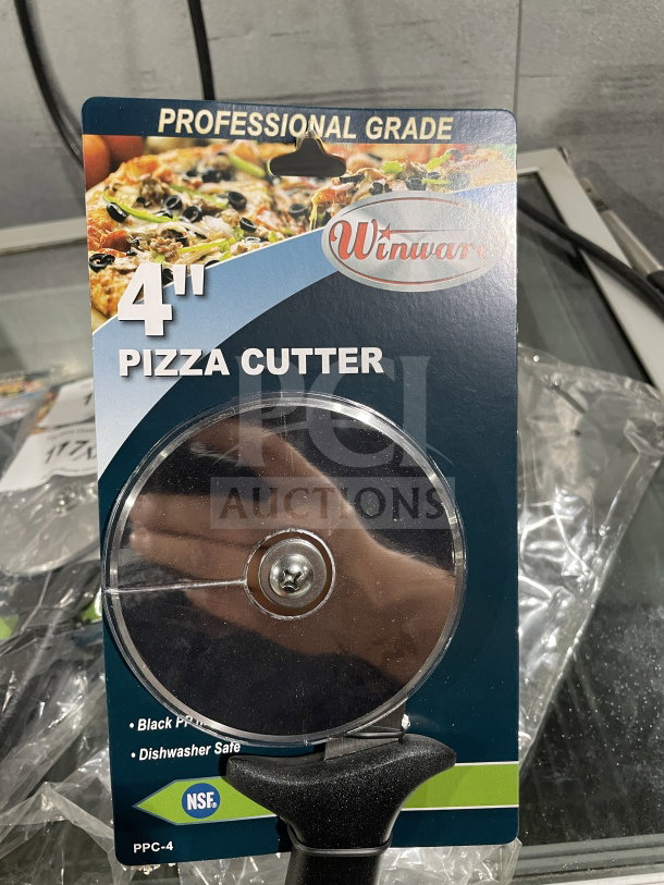 Brand new Winco 4" stainless steel pizza cutter, model PPC-4, black plastic handle, dishwasher safe, NSF certified.