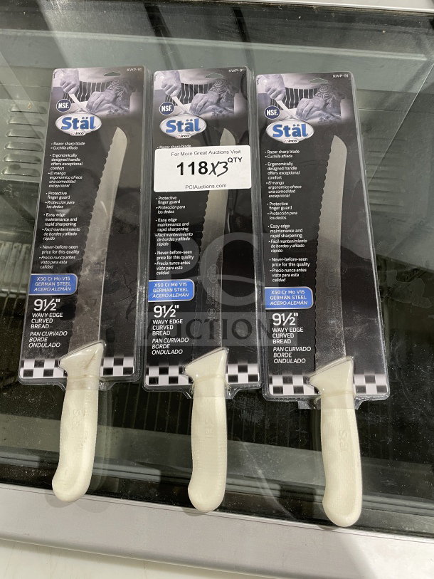 Winco Stal Series KWP-91 bread knife with white PP handle. New, 9.5" wavy edge, German steel. Sold in sets of three.