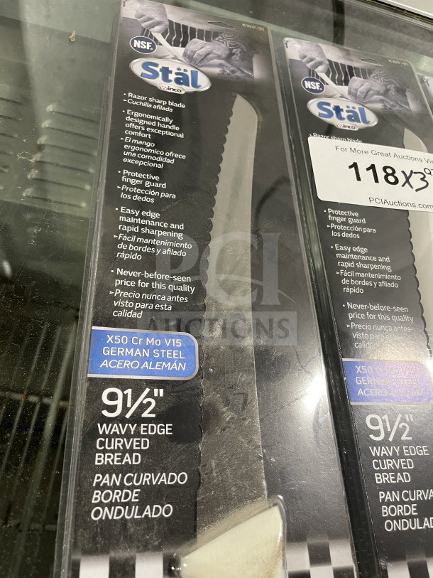 Winco Stal Series commercial bread knife, model KWP91. 9.5" wavy edge, white PP handle, German steel, new condition.