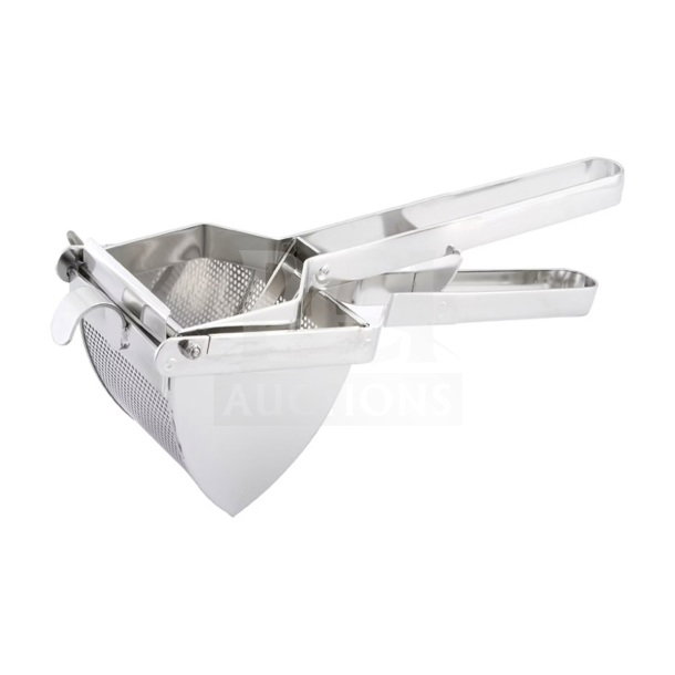 Brand new Winco PR-16 commercial stainless steel potato ricer with perforated basket, shown in pristine condition.