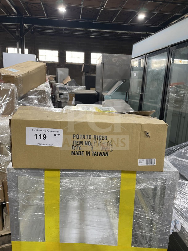 Brand new Winco PR-16 potato ricer in original box. Made in Taiwan, commercial stainless steel, model PR-16.