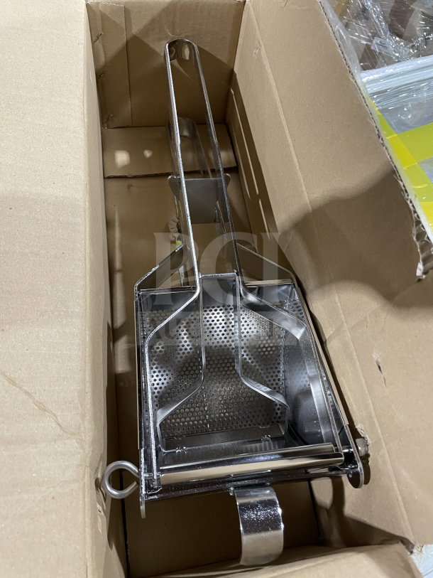 Brand new Winco PR-16 stainless steel potato ricer in box, shiny and unused, ideal for commercial kitchens.