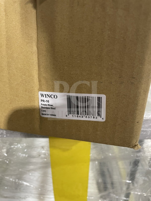 Brand new Winco PR-16 commercial stainless steel potato ricer, labeled on brown packaging box. Made in Taiwan.