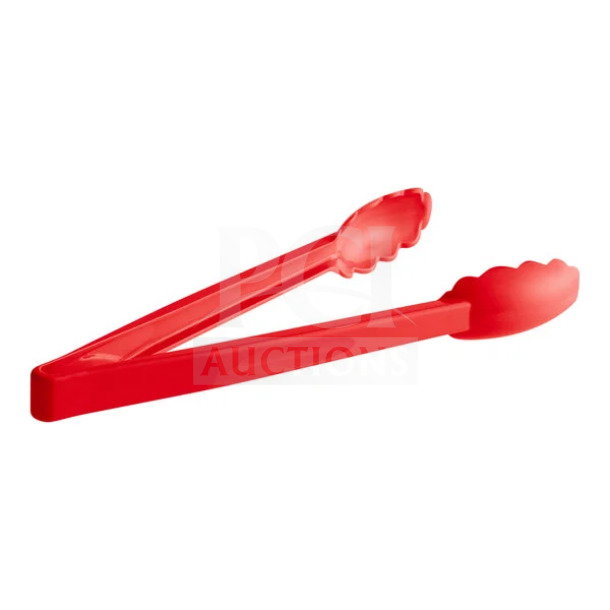 Brand new Cambro Lugano Series red 12" plastic tongs, model 12TGS404, scallop grip design, commercial use, in box.
