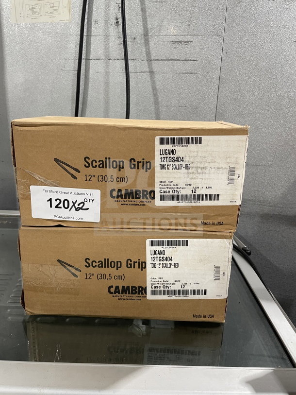 New Cambro Lugano Series 12" Scallop Grip Tongs, Model 12TGS404, Red, 12 per box, 2 boxes. Made in USA.
