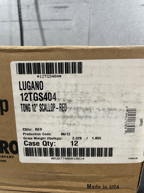 Cambro Lugano Series 12" Scallop Grip Tongs, red, Model 12TGS404, brand new, 12 per box. Made in USA.