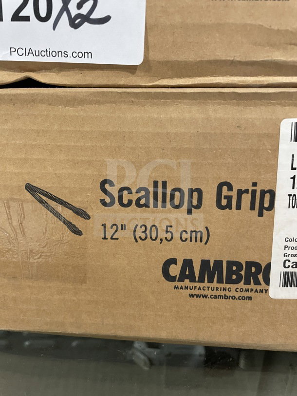 Box of Cambro Lugano Series 12" red scallop grip tongs, model 12TGS404, brand new, 12 units per box, commercial plastic.