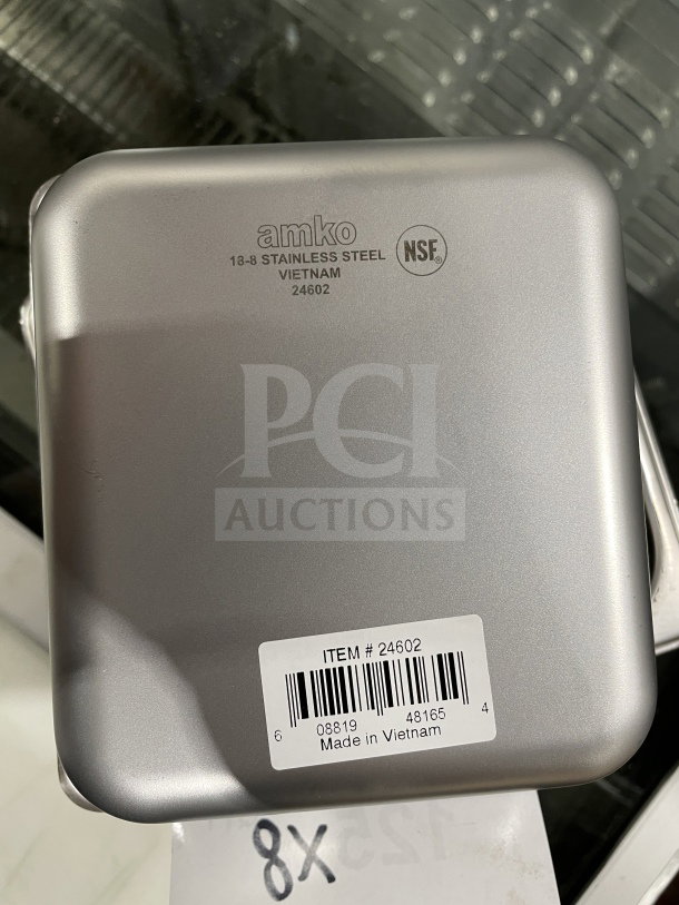 Brand new Amko stainless steel half-size steam table pan, model 24602. NSF certified, made in Vietnam. Item #24602.