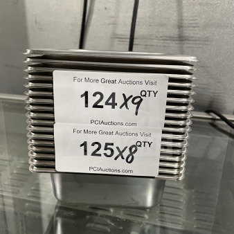 Brand new Amko stainless steel half-size steam table pans, Model 24602, stacked. Quantity labels for auction indicated.