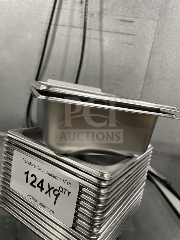 Brand new Amko stainless steel half-size steam table pan, model 24602, with stack, SN: 608819481654, labeled for auction.