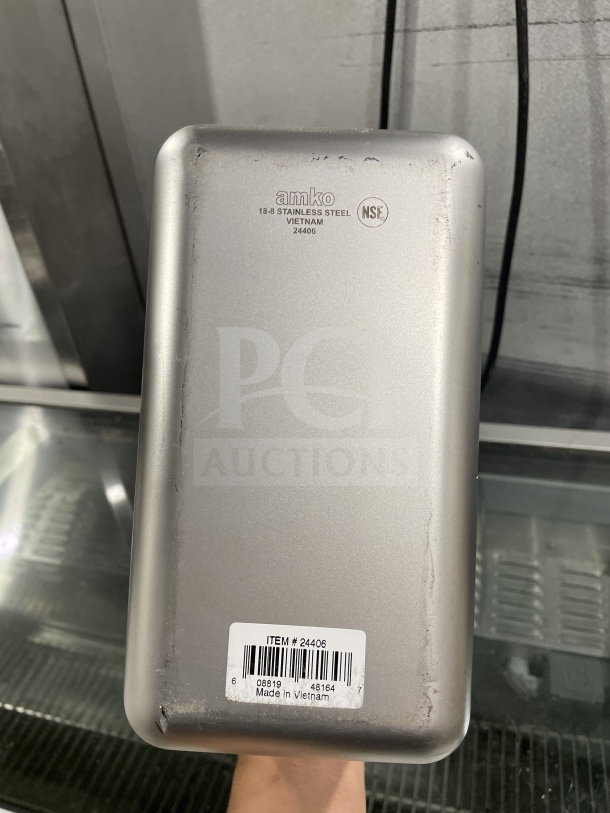 Amko stainless steel steam table pan, model 24406, brand new. Features NSF marking, made in Vietnam, with barcode label.