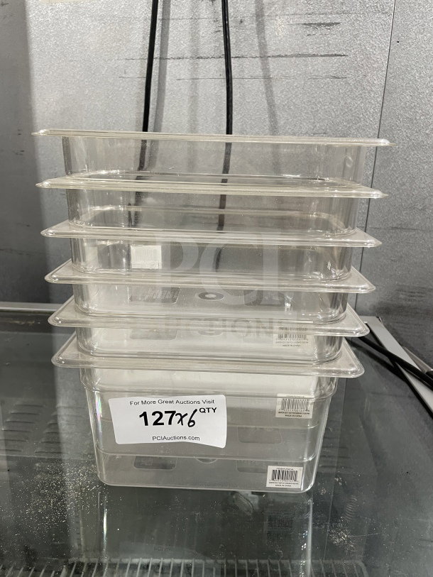 Brand new Thunder Group PLPA8146 polycarbonate 1/4 size 6" food pan, stack of six, clear, commercial quality.