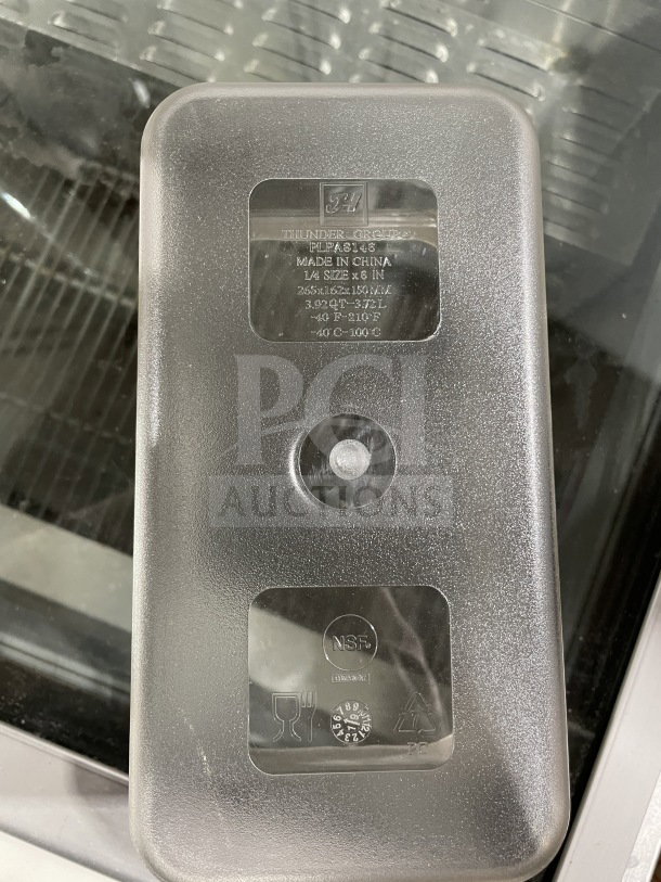 Brand new Thunder Group polycarbonate food pan, model PLPA8146, 1/4 size, 6-inch, NSF certified, dishwasher safe.