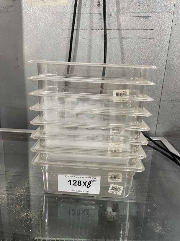 Brand new Thunder Group polycarbonate 1/4 size 6" food pans, model PLPA8146, shown stacked.