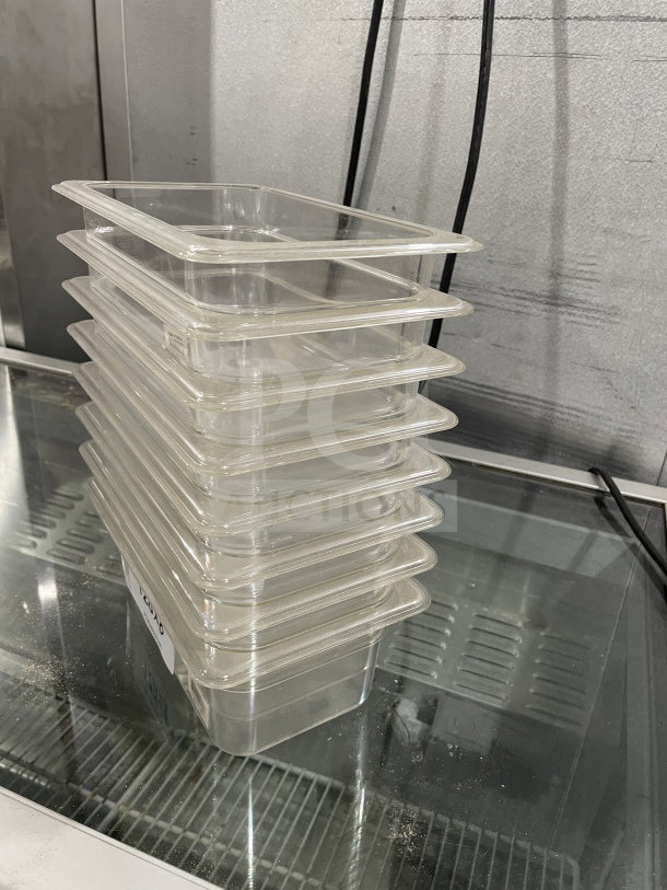 Brand new Thunder Group PLPA8146 polycarbonate food pan, 1/4 size, 6" deep, stack of eight, ideal for commercial use.