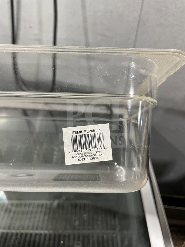 Brand new Thunder Group PLPA8144 polycarbonate 1/4 size 6" deep food pan. Clear, durable, made in China, with item label.