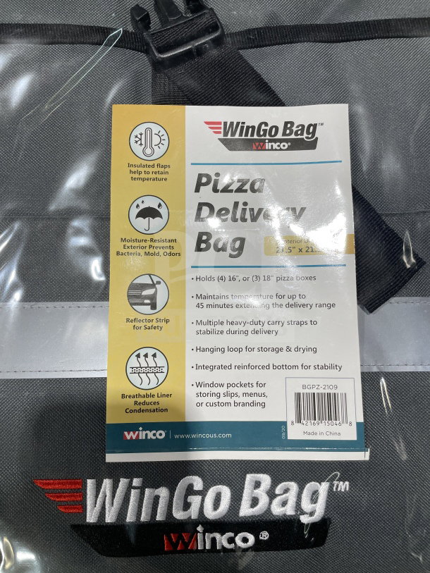 Winco Wingo Bag Series Pizza Bag, Model BGPZ-2109. Features insulated flaps, moisture resistance, holds 4 large pizzas. Brand new.