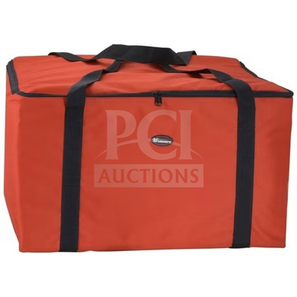 Winco BGDV22 red insulated pizza delivery bag, brand new condition, black handles, zip closure, model tag visible.