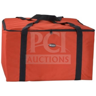 Winco BGDV22 red insulated pizza delivery bag, brand new condition, black handles, zip closure, model tag visible.