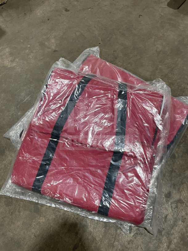 Brand new Winco BGDV22 red insulated pizza delivery bag in packaging. Commercial quality, model BGDV-22, SN: 84216910859.